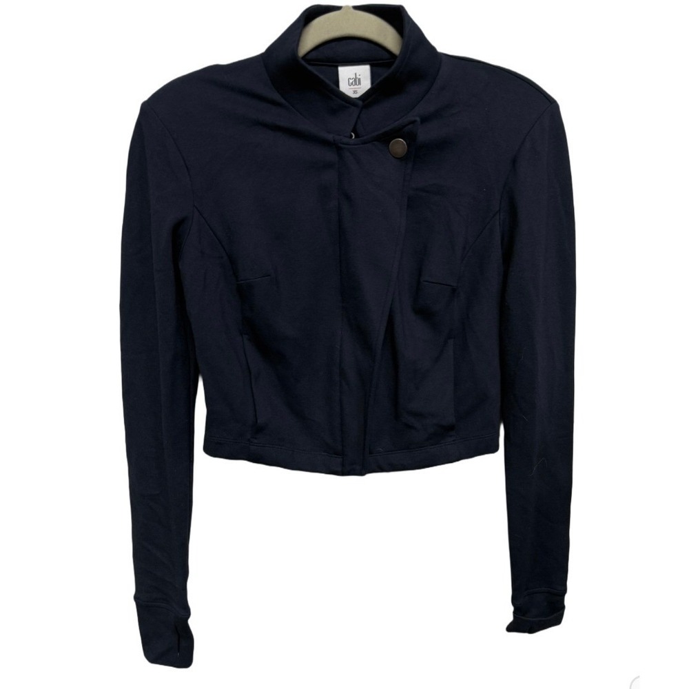 Cabi Cropped Moto Jacket XS Navy Blue Stretch Knit Snap Zip Front Career Casual